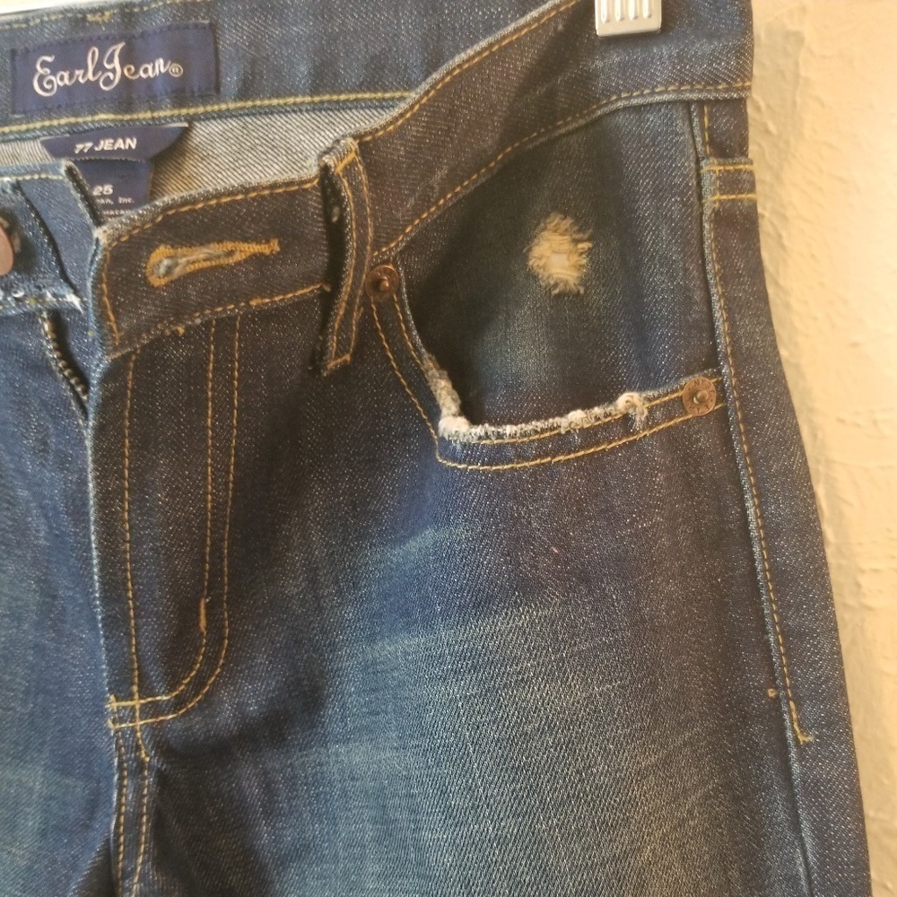 Earl Jean's Dark Denim Frayed Pocket Boot Cut Jean